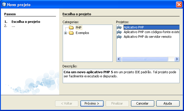 Novo projeto com NetBeans Em Categorias selecione PHP, e em