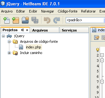 Novo projeto com NetBeans Repare mais a esquerda, temos dentro da aba Projetos, o nosso projeto em PHP chamado jquery.