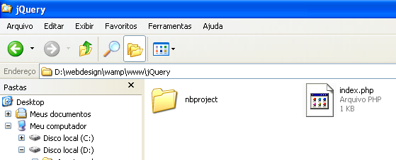 Novo projeto com NetBeans Navegue até d:\webdesign\wamp\www\jquery e verá o arquivo index.