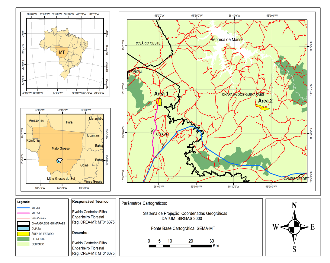 3.0 METODOLOGIA 3.1 CARACTERIZAÇÃO DAS ÁREAS DE ESTUDO Os estudos foram desenvolvidos em duas localidades no estado de Mato Grosso, Brasil.