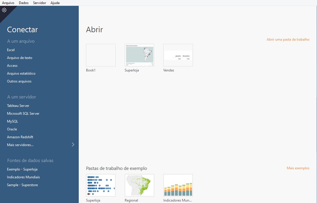 12 Figura 3.1: Exemplo de painel no Tableau Desktop 3.1.1 Exemplo de uso A partir da página inicial do Tableau Desktop (Figura 3.2) é possível criar uma nova conexão a uma fonte de dados.