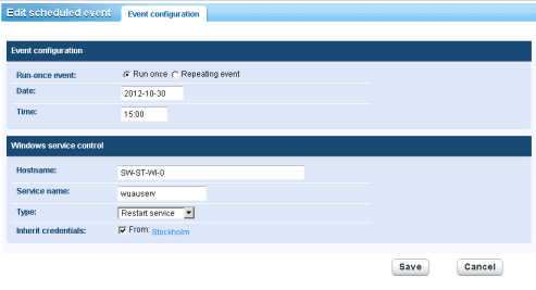 Gateways Clique na guia Agendamentos para qualquer gateway ou subgrupo. A guia mostra quaisquer eventos agendados anteriormente. Clique no comando Adicionar evento de agendamento.