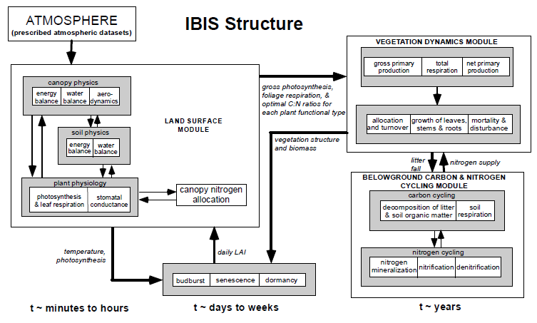 3.3 IBIS O modelo de biosfera terrestre IBIS foi utilizado para simulações da produtividade primária líquida (NPP) e da evapotranspiração (ET).