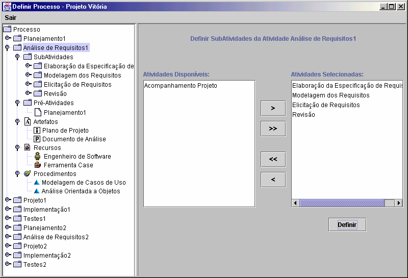 Todo projeto (classe Projeto) possui um processo (classe Processo) que determina as atividades (classe Atividade) a serem seguidas no desenvolvimento de software.