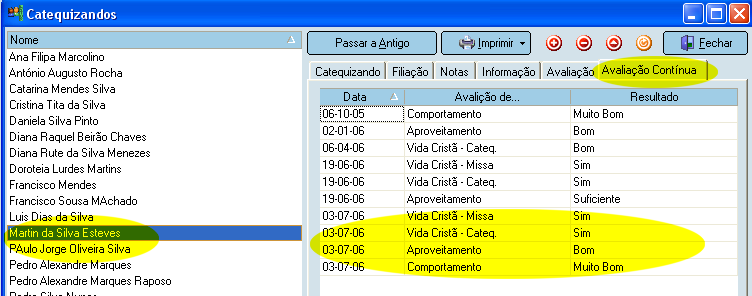 Avaliação Contínua Este quadro permite-lhe rapidamente inserir a informação do dia de cada grupo. Pode escolher facilmente uma data específica.