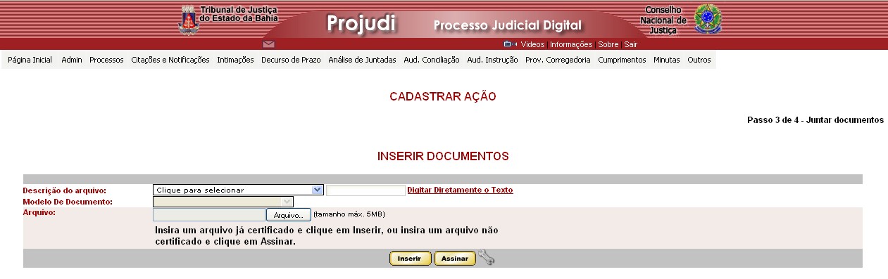 Clique no botão 'Run' e a tela abaixo será exibida: Figura 10: Tela para Inserir Documentos Esta tela permite anexar arquivos ao processo.