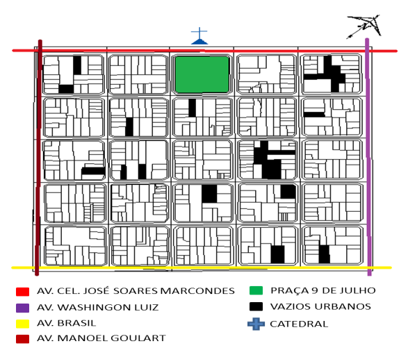 267 Figura 4. Mapa de divisão de lotes do quadrilátero central e localização dos vazios urbanos. Fonte: Prefeitura Municipal, editado pelas autoras, 2014.