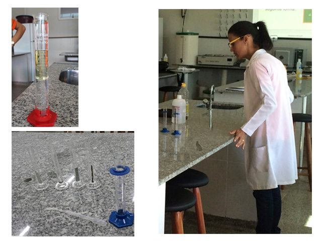 Experimentos para identificação da densidade de diferentes sólidos e líquidos.