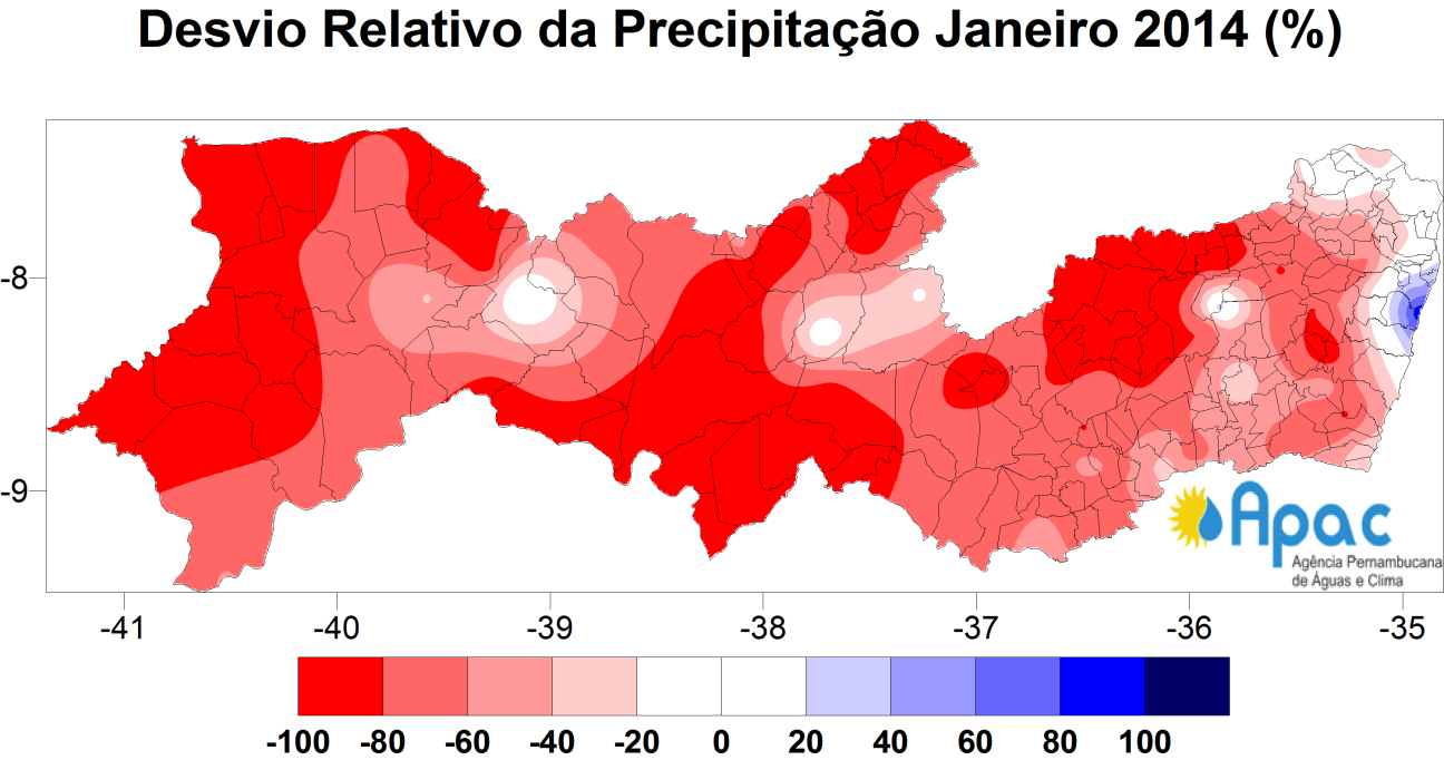 1. ANÁLISE DA PRECIPITAÇÃO EM JANEIRO As figuras 1 e 2 mostram, respectivamente, a distribuição espacial da precipitação observada e o desvio relativo da precipitação de janeiro em relação à média