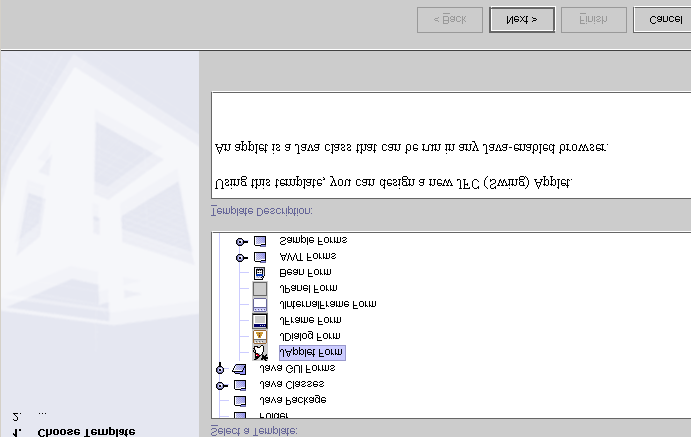 A criação de Applet no Netbeans é feita através de Templates, é possível trabalhar com a Classe Applet do pacote AWT ou com a classe JApplet do pacote Swing.