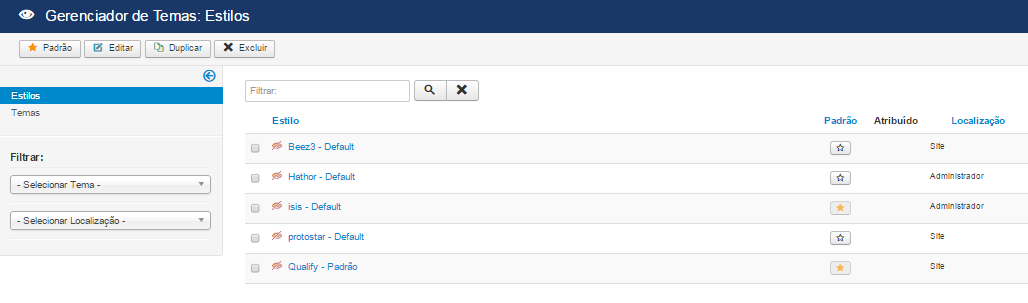 Volte ao menu de Gerenciamento de Temas ( ) e seu novo template irá aparecer na lista de temas. Agora, você também pode selecioná-lo através do ícone.