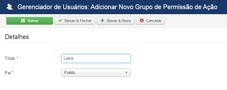 Para criar um novo grupo, basta clicar em no menu superior. Na tela de criação, basta inserir o nome do grupo e definir de qual outro grupo este novo será filho.