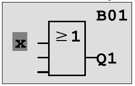 Na primeira entrada, no bloco OR pressione a tecla OK (CO aparece) e, mais uma vez, OK (I1 aparece e o I pisca); pressione o cursor para cima mais três vezes até que um X apareça.