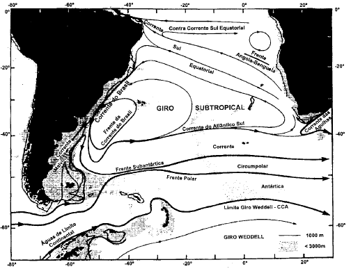 3.2 CORRENTE DO BRASIL 13 A Corrente do Brasil (CB) é a CCO que fecha o giro subtropical do Atlântico sul (Figura 4), fluindo ao longo da costa brasileira de nordeste a sudoeste.