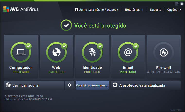 5. Interface de usuário do AVG AVG AntiVirus abre a janela principal: A janela principal é dividida em várias seções: A linha superior de navegação é composta por quatro links ativos alinhados na