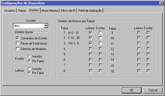 3. Configuração Direitos Os direitos de cada usuário cadastrado são declarados na pasta Direitos. Cada usuário é cadastrado para acessar um determinado conjunto de operações.