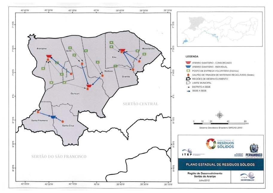 REGIONALIZAÇÃO DA GESTÃO DE RESÍDUOS SÓLIDOS NÚM EROS MUN ICÍPI OS QUANTI DADE MUNICÍP IOS CONSORCI ADOS MUNICÍPIO PRODUÇÃO DE LIXO EQUIPAMENTO PROPOSTO TOTAL RURAL URBANO 157 1 Ouricuri 70,13 34,62