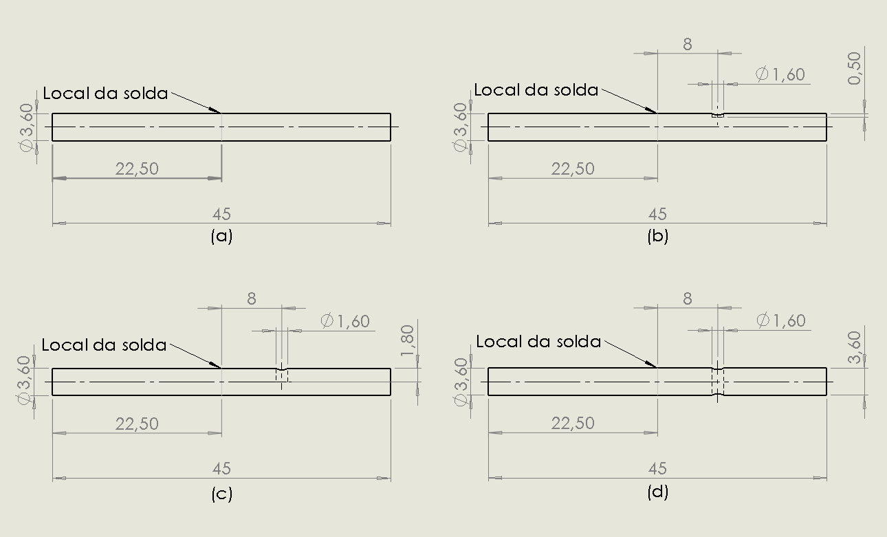 61 Figura 3.9 (a) Amostra sem furo (b) Amostra com furo de 0,5 mm; (c) Amostra com furo de 1,8 mm; (d) Amostra com furo de 3,6 mm.