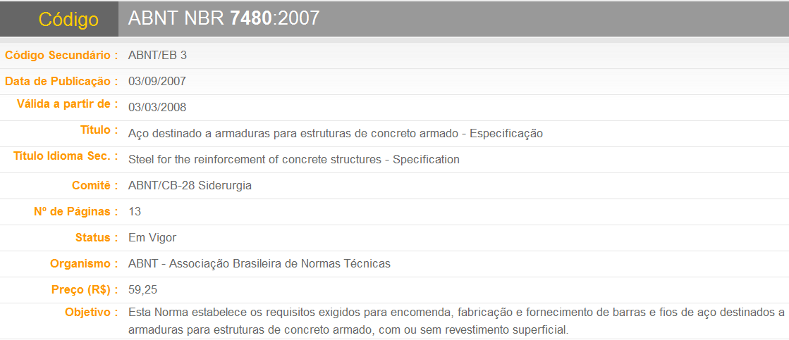 5.2 Aço destinado a armaduras para estruturas de concreto armado A norma fundamental que será aqui aplicada é a ABNT NBR 7480:2007 que estabelece os requisitos exigidos para encomenda, fabricação e