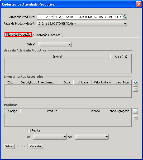 6) Selecione a Faixa de Produtividade; 7) Selecione a Aba Plano de