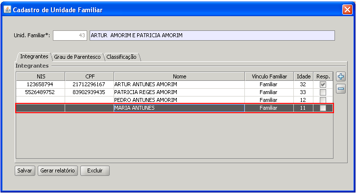 4) Clique 2 vezes sobre a Unidade Familiar será apresentado os dados correspondente a Unidade Familiar;