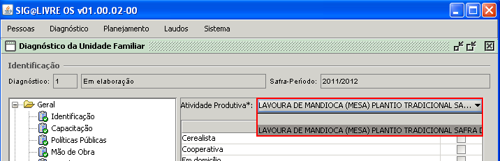 6.8 Cadastro de Comercialização 1) No Menu Produção selecione o submenu Comercialização para Cadastrar as formas de comercialização e os entraves para a