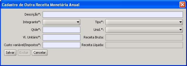 14) Abrirá a Tela do Cadastro de Outras Receitas Monetárias Anuais; 15) Cadastre as informações para Outras Receitas Monetárias Anuais; Campos Obrigatórios: -