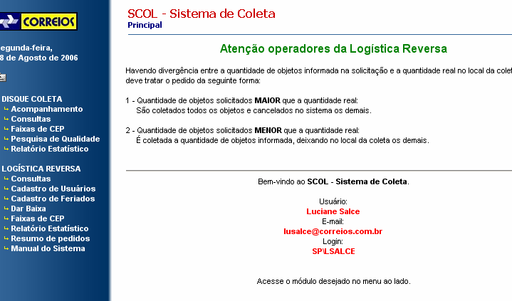 Logística Reversa Correios Tela de entrada: Todos