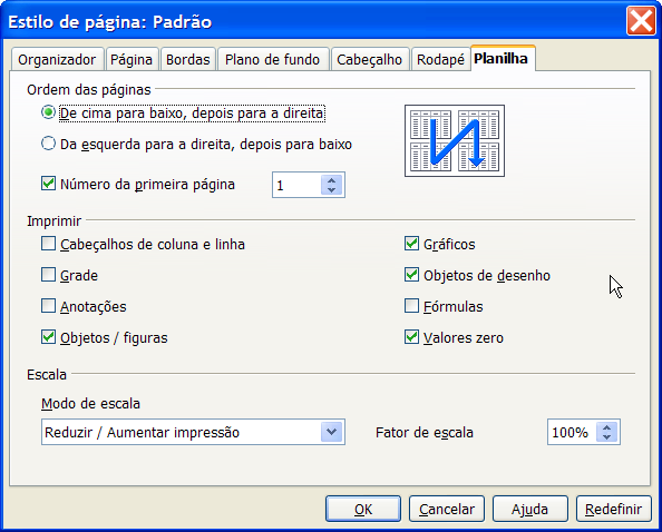 Você poderá definir também, se deseja imprimir os cabeçalhos de coluna (A, B, C, etc.) e linha (1, 2, 3, etc.), a grade, as fórmulas, etc.