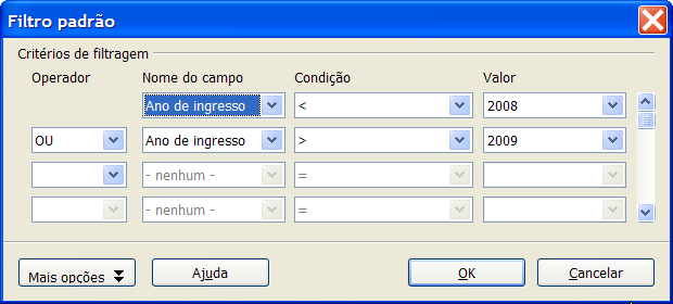 Para filtrar os dados segundo uma determinada coluna, clique sobre a seta preta à direita desta coluna e selecione a opção desejada.