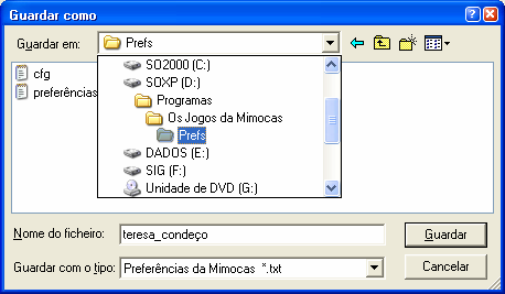 Ao seleccionar gravar, surge uma janela onde deverá indicar a pasta onde irá colocar o ficheiro com as configurações do jogo 2.
