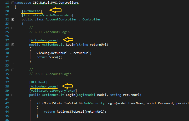 Controle de acesso usando Atributos A prática recomendada baseia-se nos atributos [Authorize] e [AllowAnonymous], ambos integrantes do namespace System.Web.Mvc.