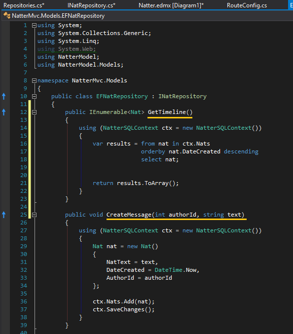 Figura 25: Os métodos GetTimeLine() e CreateMessage() Observe que cada método deste repositório utiliza um bloco using para executar suas tarefas.