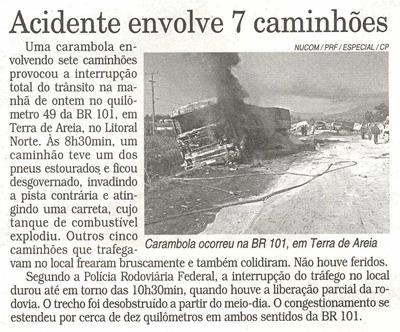 ACIDENTES DE TRÂNSITO ENVOLVENDO CAMINHÕES ANO Fonte: IPEA ACIDENTES (pelo menos, 01 cam) MORTES 2004 112,5 mil 7.724 2005 110 mil 8.039 01 acidente com caminhão a cada 05 minutos!!! 145.