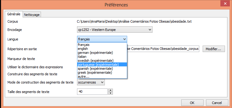 A primeira refere-se a codificação (Encodage) do texto, que deve ser a segunda opção de cima para baixo: uft-8 all languages. A outra configuração é a da língua (Langue).