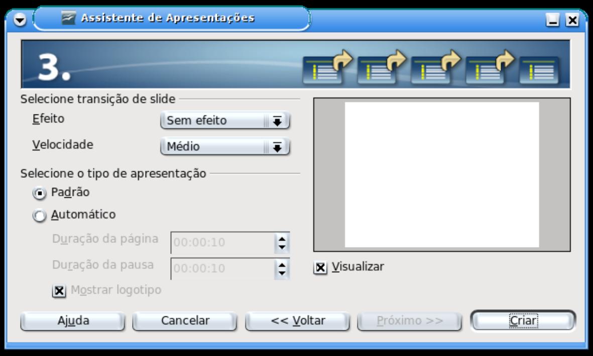 Você decide, neste ponto, para que meio de reprodução você quer a apresentação (papel, tela, transparência, etc). Para começar, escolha Tela. Apertando Próximo, usam-se os ajustes pré-instalados.