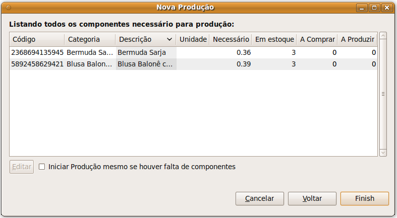 Na sequencia, selecione os produtos que serão utilizados nesta produção sendo necessário definir também sua quantidade.