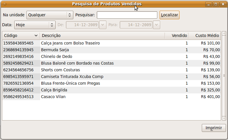 Produtos Vendidos Na opção Produtos Vendidos, podemos verificar o custo médio do produto a cada compra ou