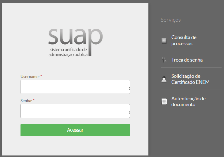 2016/02/04 08:24 1/2 SUAP - Como se logar no SUAP? SUAP - Como se logar no SUAP? Fig. 1: Tela de login do SUAP Há três perfis de usuário que podem fazer o login no sistema.