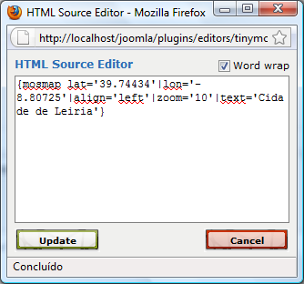 90 Adicionar componentes 6. Faça as seguintes alterações: a. Título: Mapas b. Alternativo: mapas c. Secção: Marketing d. No editor clique em «HTML» e escreva o código indicado: e.