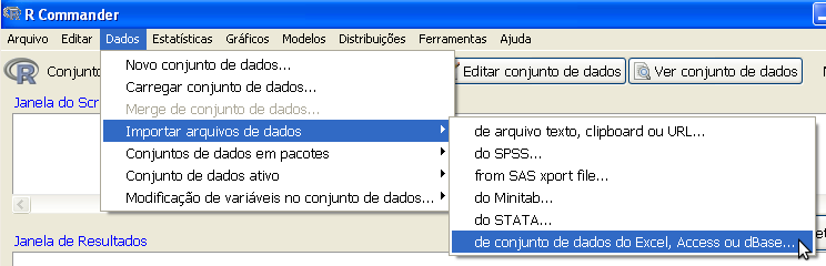 1.2 Dados no R Commander 5 1.2 Dados no R Commander Os dados utilizados pelo R Commander podem ser digitados diretamente nele, seguindo os seguintes passos: [Dados] [Novo conjunto de dados.