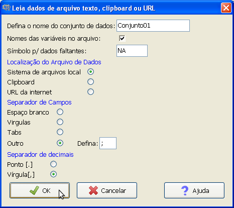 1.2 Dados no R Commander 7 Figura 1.6: Definição de parâmetros para importação de dados de arquivos com extensão CSV.