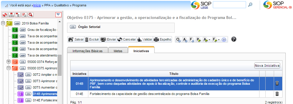 Regras: As Iniciativas devem ser individualizadas (campo Projeto Individualizado) caso o seu valor ultrapasse os limites preestabelecidos no cabeçalho do Programa.