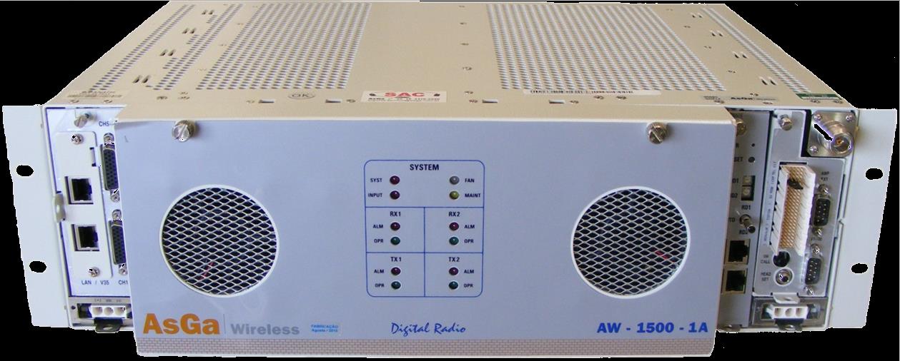 AW-400-1A Rádio digital ponto-a-ponto 400MHz, para longas distâncias Operação LOS e NLOS Full indoor, utiliza 3U de Rack 19 Configuração