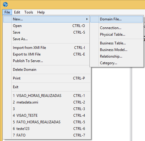 Para executar o programa clique no arquivo metadata-editor.bat. Domain É um termo Pentaho que representa todos os objetos de negócios criados, armazenados e utilizados na camada de metadados.