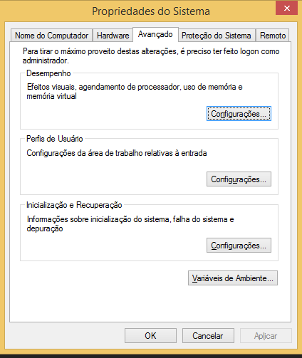 7. O sistema não localizou a variável necessária para executar o pentaho BA, vamos criar a variável no "painel de controle" em Propriedades do sistema.