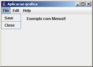 Exemplo completo: // Criando os menus JMenu mfile = new JMenu("File"); JMenuItem s = new JMenuItem("Save"); JSeparator js = new JSeparator(); JMenuItem f = new JMenuItem("Close"); mfile.add(s); mfile.