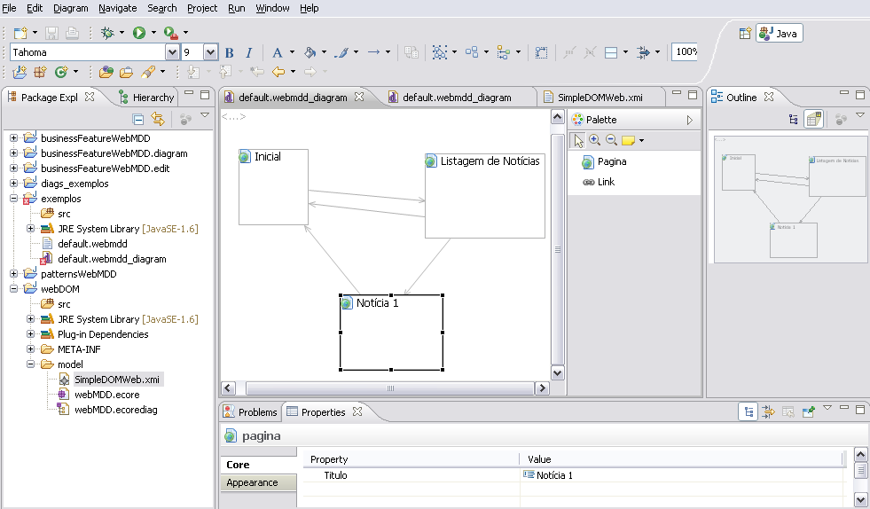 4 - Estudos de caso 67 Figura 4.4 Editor de diagramas para o modelo SimpleDOM, mostrando o primeiro nível de abstração com elementos de navegação Na Figura 4.