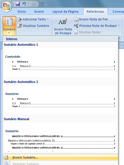 118 11 GERAR O SUMÁRIO AUTOMATICAMENTE Na página do Sumário, posicione o cursor logo abaixo da palavra