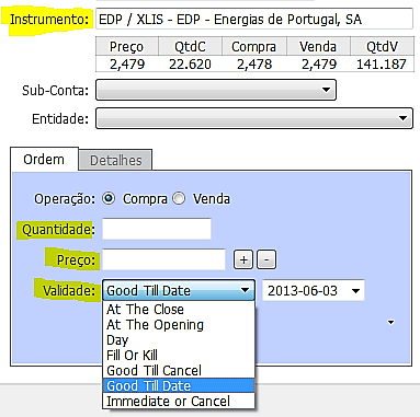 COMO COLOCAR UMA ORDEM NO MERCADO Quando se coloca uma oferta de compra ou venda no mercado deverá considerar a seguinte informação: a. Disponibilidade financeira na conta; b. Encargos; c.